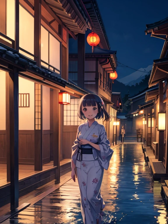 One Girl、Japanese post town、Hot Spring Town、Yukata、smilingly、Walking the city at night、