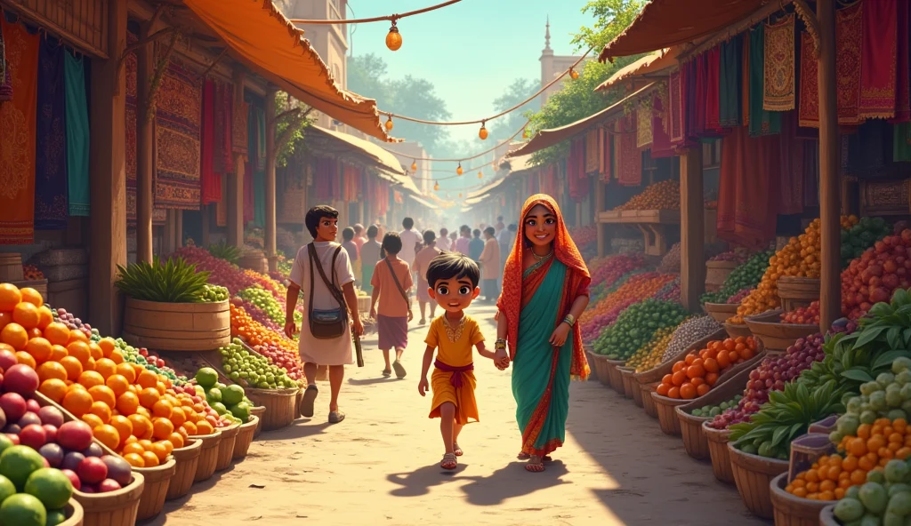 Village Marketplace:
Construct a bustling marketplace scene with vendors selling fruits, vegetables, and colorful textiles. Add vibrant colors and textures to the produce and fabrics. Arjun should be shown holding his grandmother’s hand, navigating through the crowd with wide-eyed curiosity. Ensure the scene is lively, with background characters engaged in various activities like bargaining or carrying goods.