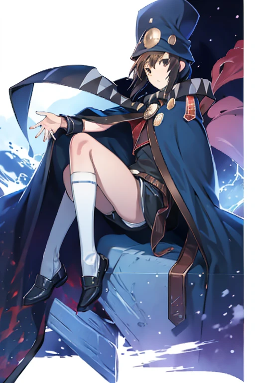 masterpiece, best quality, 1girl,night, looking_at_viewer, boogiepop,full body, blue cape, cloak, room, body cape, sitting