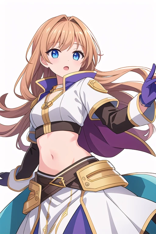 solo female, midriff, ((( white background))), character focus, fantasy clothes, standing, grove cuff, gloves, character design,