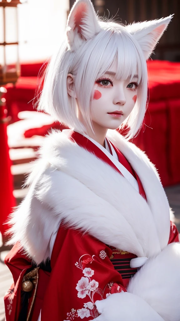 White Demon Fox、Nine-tailed Fox、Japanese women、kimono、Fair skin、Red lines on face、8K、I have white hair、Bobshort hair