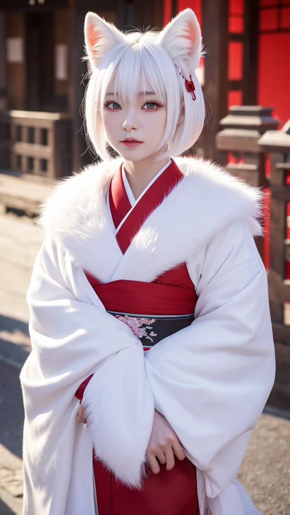 White Demon Fox、Nine-tailed Fox、Japanese women、kimono、Fair skin、Red lines on face、8K、I have white hair、Bobshort hair