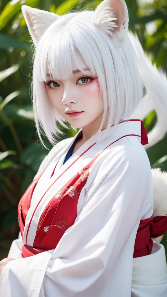 White Demon Fox、Nine-tailed Fox、Japanese women、kimono、Fair skin、Red lines on face、8K、I have white hair、Bobshort hair
