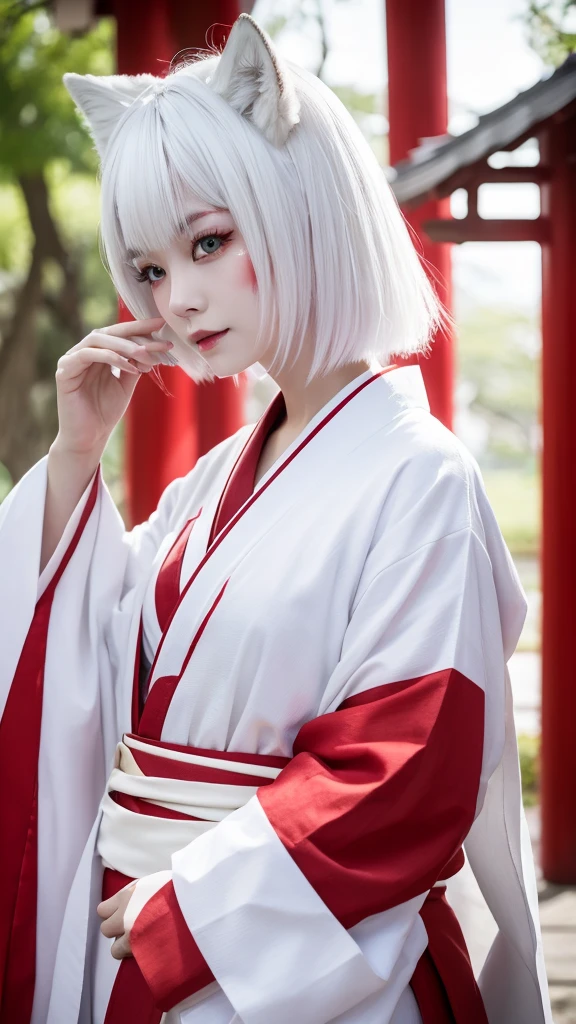 White Demon Fox、Nine-tailed Fox、Japanese women、kimono、Fair skin、Red lines on face、8K、I have white hair、Bobshort hair