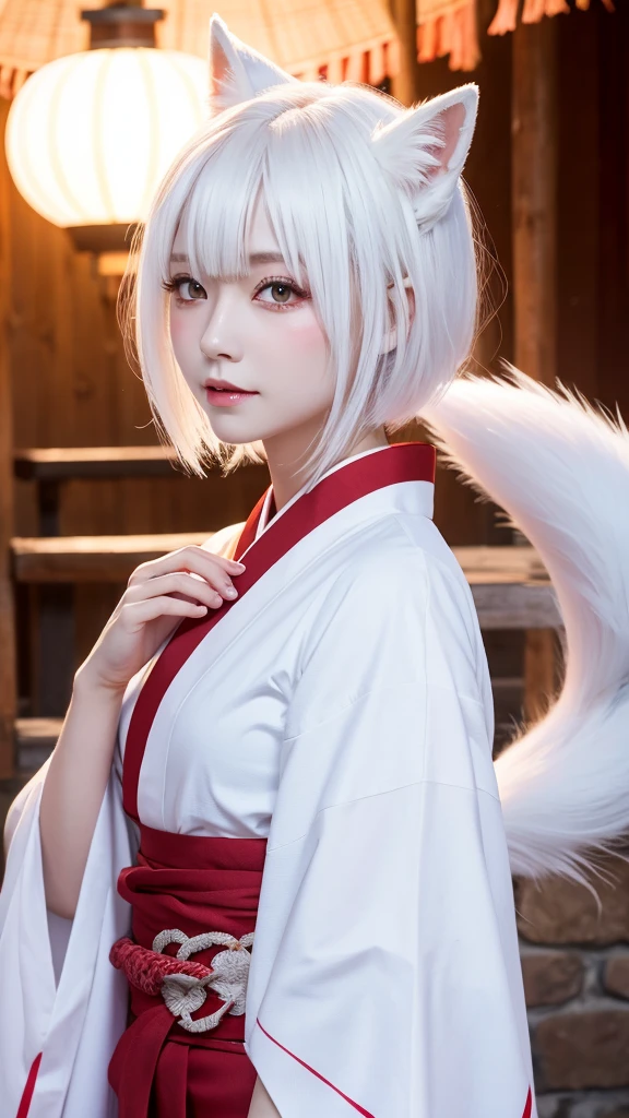 White Demon Fox、Nine-tailed Fox、Japanese women、kimono、Fair skin、Red lines on face、8K、I have white hair、Bobshort hair