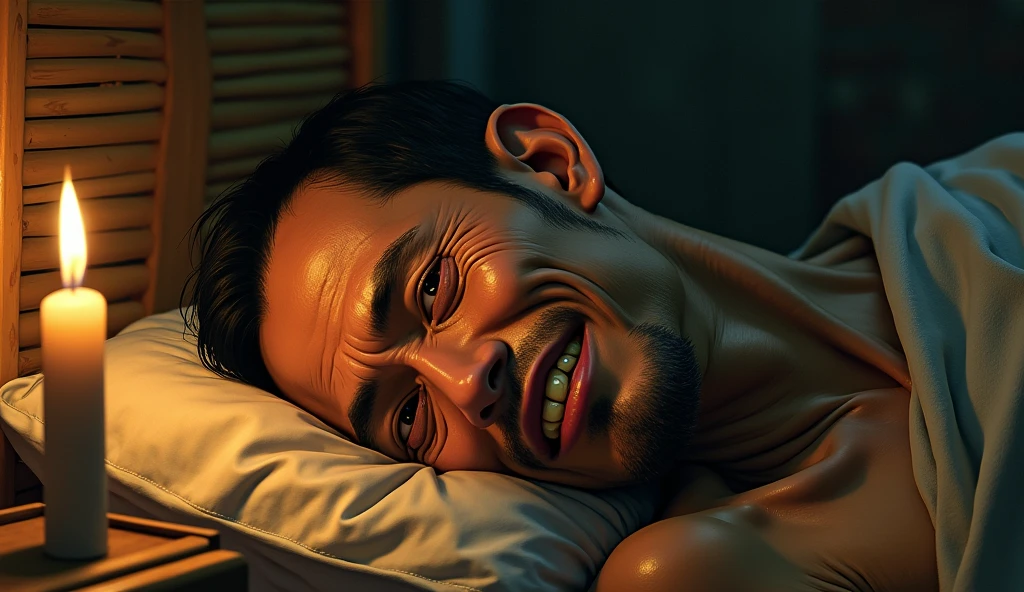 Candlelight, in the style of tomer hanuka, joram roukes, emotionally charged portraits, smilecore, rustic futurism, henrietta harris, darkly comedic, rough painting, sad, slim, ill Vietnameses old man lying on bamboo bed illustration,  1 set of gold teeth on his mounth