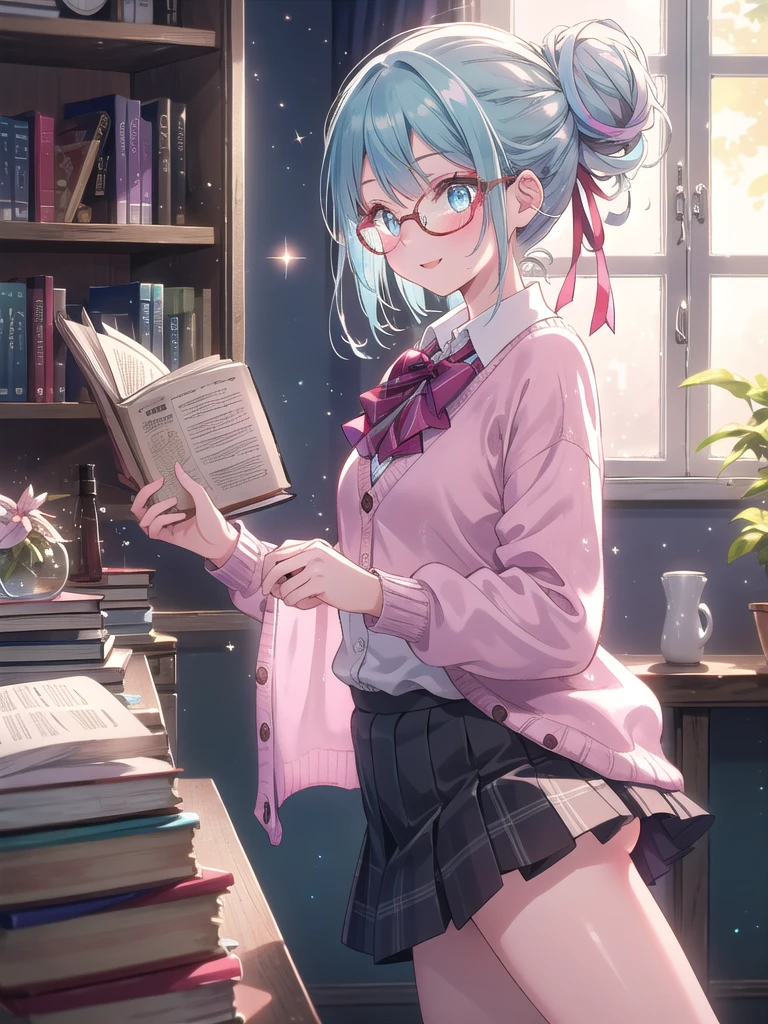 ((8k, Highest quality, masterpiece: 1.3)),Ultra-high resolution,(1 girl, alone), (Color changing eyes, Ultra-detailed, Expressive brilliance, Glitter, Glowing Eyes), Highly detailed eyes, Highly detailed face, Random Hair, ((pastel colour))A lively young woman with pastel blue hair styled into a messy bun, standing near her bookshelf in her softly lit bedroom during a quiet afternoon. She is dressed in a modest yet subtly sexy librarian cosplay, wearing a fitted cardigan over a blouse, a knee-length skirt, and a pair of stylish reading glasses. The camera captures her from a side angle as she smiles brightly while holding a book, her expression full of warmth and knowledge. The room is warmly lit by the afternoon sun, with a few books neatly arranged on the shelf, a small reading chair in the corner, and a peaceful, scholarly atmosphere,(nsfw:1.3)


