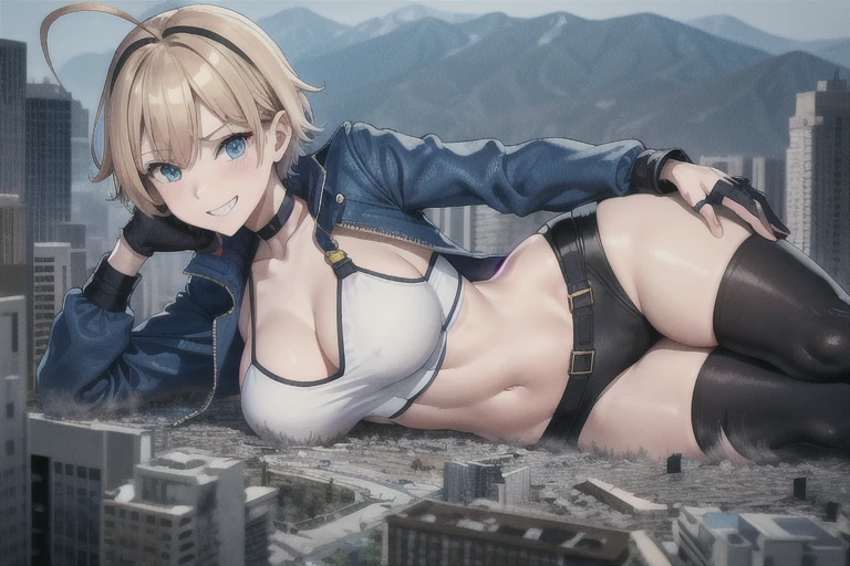 masterpiece, best quality, highres, 1girl, cammy white, short hair, antenna hair, blue eyes, scar on cheek, large breasts, black choker, collarbone, blue jacket, cropped jacket, open jacket, sports bra, midriff, fingerless gloves, black gloves, black pants, looking down, smiling, evil grin, narrow eyes, sadistic eyes, yandere eyes
lying on side, city, giga giantess, gts, giantess laying on a cityscape, destruction, rampage, huge craters, ravines, cracks in the ground, earthquake, smoke, fire, destroyed city, ruins, rubble, debris, crumbling, destroyed buildings, knocked over buildings, toppled skyscrapers, drumbling buildings, falling buildings, rampage in the city, destruction in the city
destroyed cityscape
soine, lying, on side,