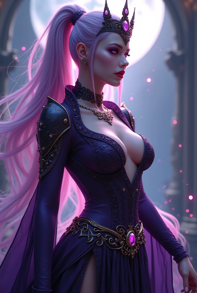 Vampire Queen Combat Dress (Radiant Royal Cloak: 1.2) Black and Purple Color outfit, (extremely delicate beautiful eyes and depression but arrogant eyes), (multicolor, ponytail, iridescent hair, colorful hair, half purple and half pink hair: 1.3), (magical, mythic,fantasy), (Super Model Body Shape, idol, seducing body, attractive, gorgeous, charming, majesty, Sexy Devil aura), Original Character, Masterpiece, Tempting Purple Eyes, Purple Gemstone Accessories, Gold Belt, Gold Necklace, Evil Wind and floating effect, Soft Moonlight, unique crown, (Lewd Corruption Tattoo on 1;1.25),16k wallpaper style,bare shoulders, cute, solo, stars, stardust, shiny body detailed, legend, pink lips, cinematic lighting, scale up, twilight, dark magic, dark element, perfect shadow, purple gem on forehead, raven, corrupted contract, corrupted tattoo, sex addicted, bright red lips
