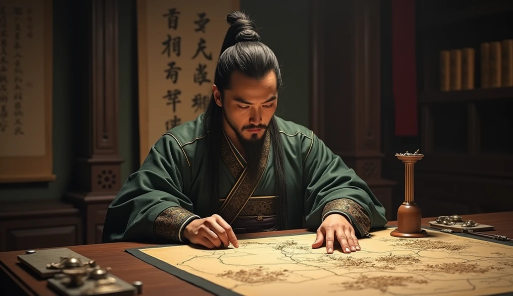 Warring States period,The military advisor sits in front of the battle formation map,The left hand holds a bamboo slip,Right finger point,Movie storyboard,8k,Ultra-clear,Realistic style
