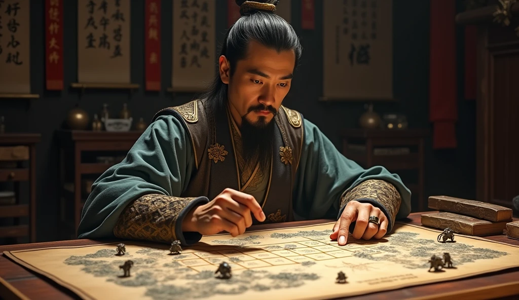 Warring States period，The military advisor sits in front of the battle formation map，The left hand holds a bamboo slip，Right finger point，Movie storyboard，8k，Ultra-clear，Realistic style