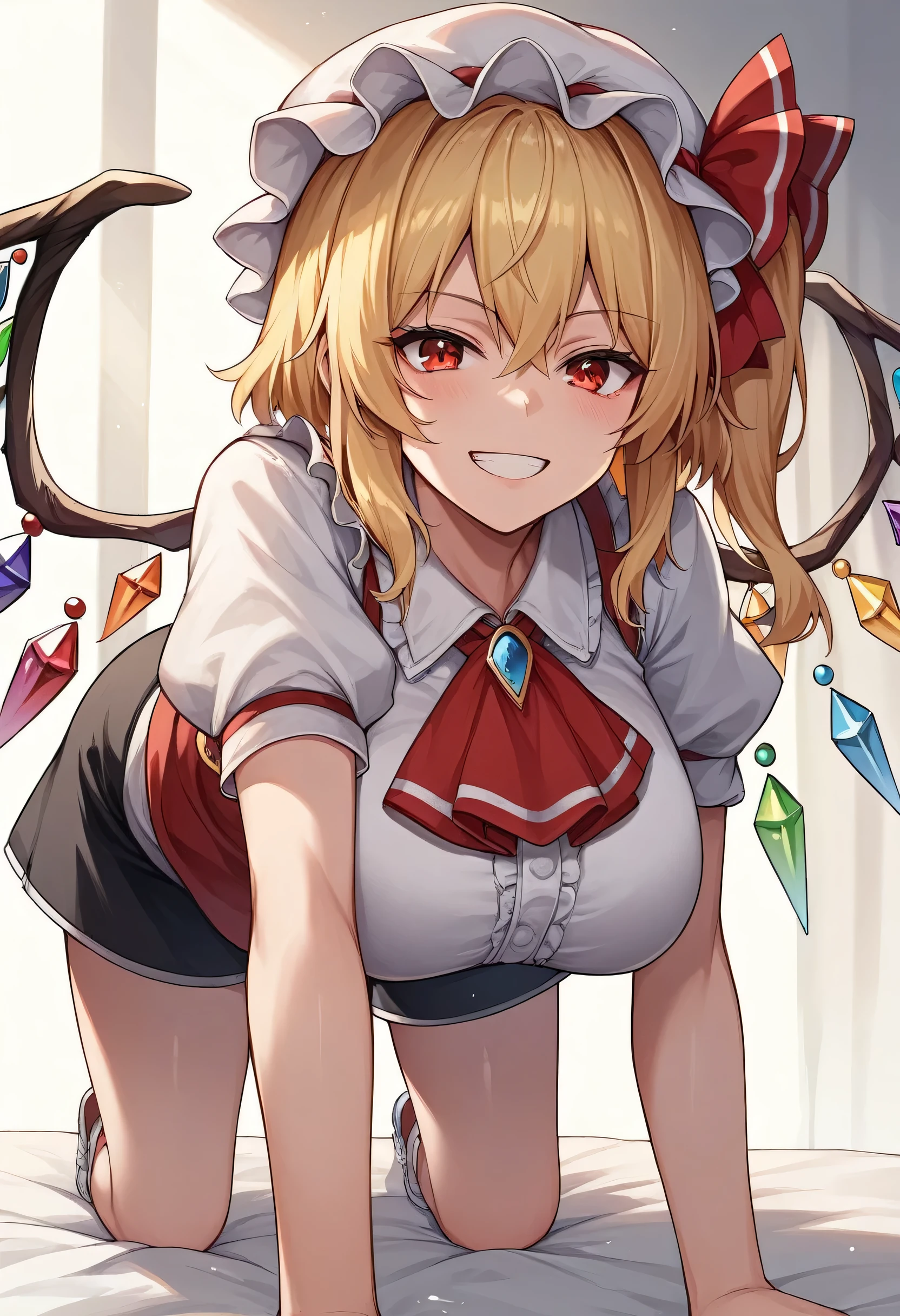 (masterpiece),Highest quality, Expressive eyes, Perfect Face, 1 Girl,
Large Breasts, H Cup, Nice breasts, beautiful, nice,anime,,roller, Flandre Scarlet,
1,Blonde,Mob Cap,Hair Ribbon,bow tie,Side Ponytail,wing,Short sleeve,Best,Ascot,On all fours,Grin