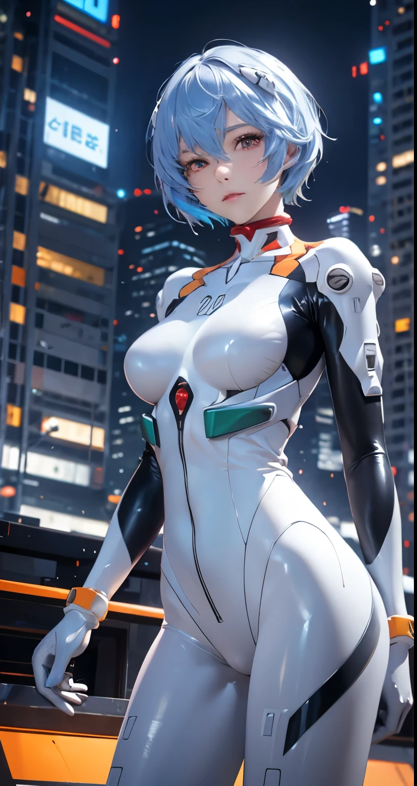 (Realistic, photoRealistic), Ayanami_wang, 1girl in, Blue short hair, white hair ornament, ((White bodysuit, gloves)), Saihar body), (Cowboy Shot),(masutepiece, High quality, Best Quality), (Colorful),(Delicate eyes and face), volumatic light, Ray tracing, the Extremely Detailed CG Unity 8K Wallpapers,Solo((flying petal)),Outdoors, ((Cyberpunk)), Cyber City, ((neon trim)), Night,(Cityscape),frontage,(Opening legs), pov