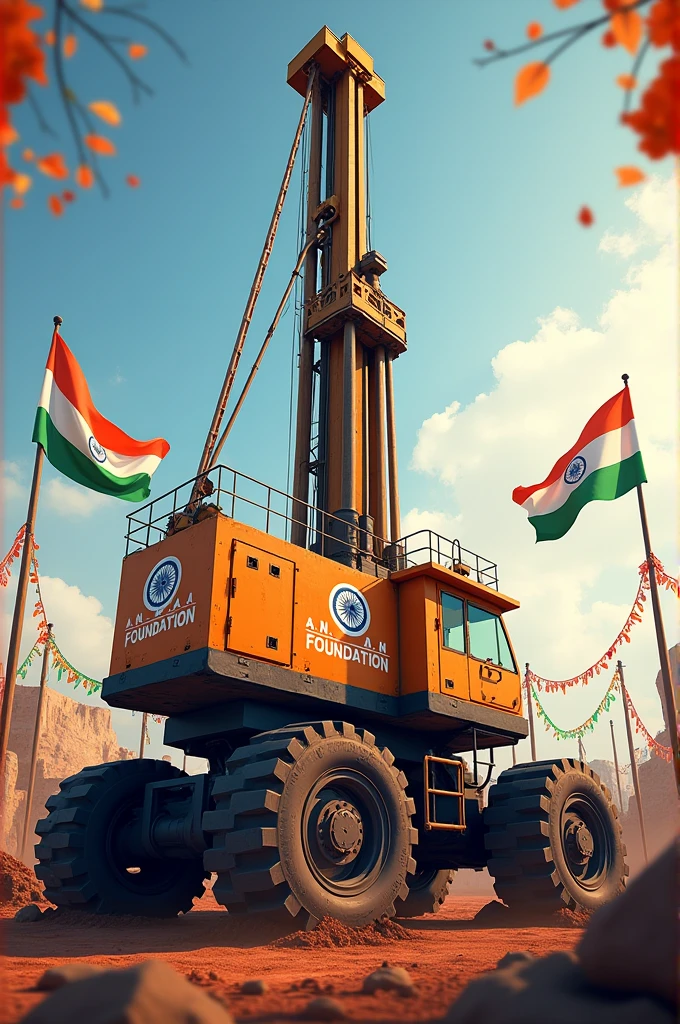 I want a big piling machine With the name of my company (A.N.FOUNDATION)on it - make background with the theme of independence day of india with an Indian flag wishing with a good quote