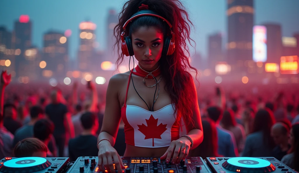 Female Indian DJ, canadian flag color clothes, Peculiar, Vibrant appearance, Have big breasts, Playful accessories, creative, Imaginative, Sensual, Voluntary, DJ headphones, Mixing Console, Music Clubs, on top of a skyscraper roof, with in the background a live audience., Skin Texture, Intricate details, (Cinema Lighting), Photo RAW, 8K