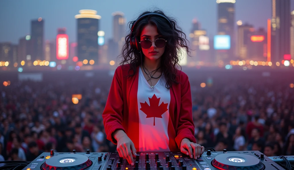 Female Indian DJ, canadian flag color clothes, Peculiar, Vibrant appearance, Have big breasts, Playful accessories, creative, Imaginative, Sensual, Voluntary, DJ headphones, Mixing Console, Music Clubs, on top of a skyscraper roof, with in the background a live audience., Skin Texture, Intricate details, (Cinema Lighting), Photo RAW, 8K