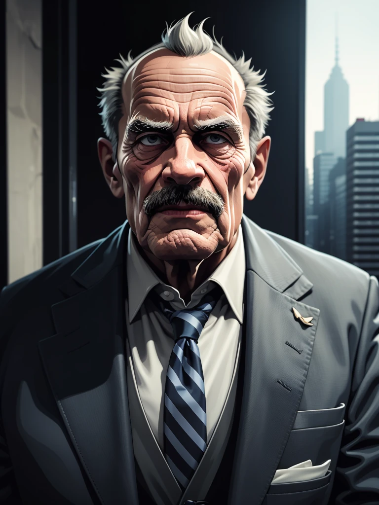 a portrait of an old man wearing a suit, upperbody, standing in a city background, mwvector, 8k, high quality, photorealistic, detailed wrinkles, detailed facial features, detailed texture, cinematic lighting, dramatic shadows, moody color palette, warm tones