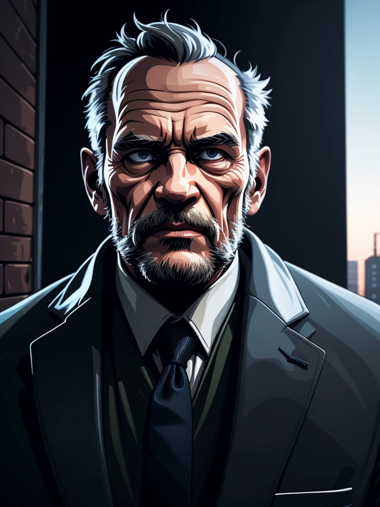 a portrait of an old man wearing a suit, upperbody, standing in a city background, mwvector, 8k, high quality, photorealistic, detailed wrinkles, detailed facial features, detailed texture, cinematic lighting, dramatic shadows, moody color palette, warm tones