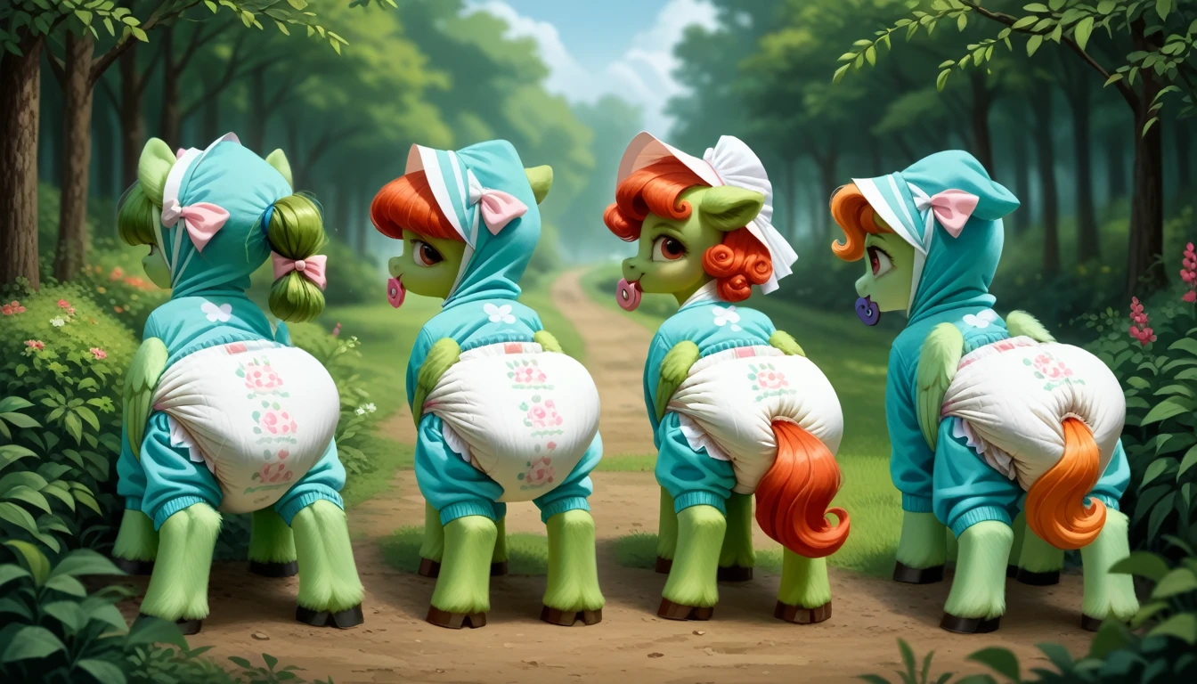 pony, Pegasus, adult filly, emerald green fur, a lush mane, gathered in a bonnet, a fluffy tail with a bow, stands on four hooves, rear hooves spread wide apart, dressed in a onesie and booties, pacifier in mouth, solo, thick diaper under clothes, bulge on the back of the diaper, between the hind hooves and on the front of the diaper, saggy diaper.