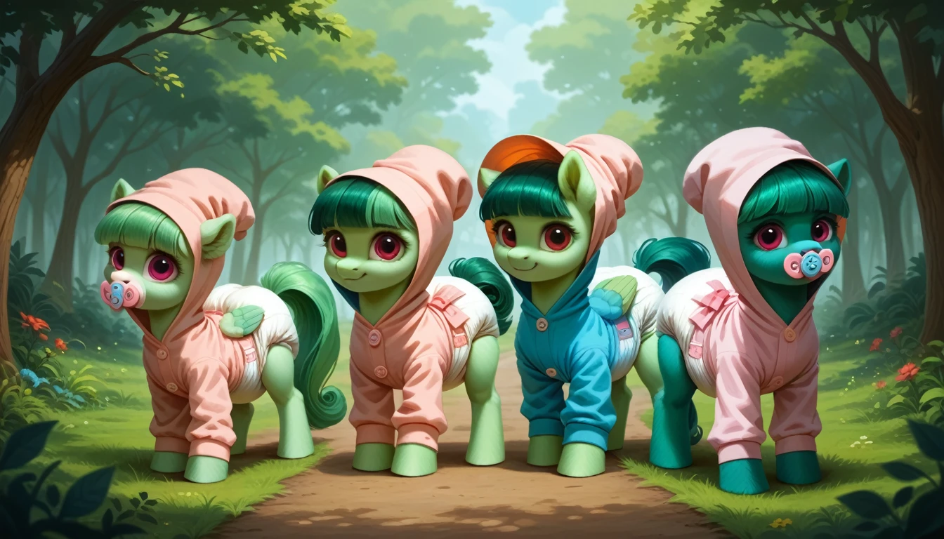 pony, Pegasus, adult filly, emerald green fur, a lush mane, gathered in a bonnet, a fluffy tail with a bow, stands on four hooves, rear hooves spread wide apart, dressed in a onesie and booties, pacifier in mouth, solo, thick diaper under clothes, bulge on the back of the diaper, between the hind hooves and on the front of the diaper, saggy diaper.