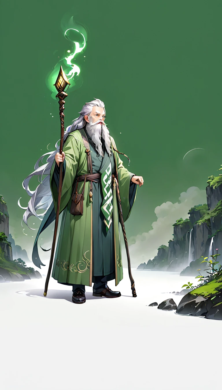 Highest quality、high resolution、High detail、Wizard、Gray-haired all-back、Cool Uncle、whole body、Long white beard、Green robe、Cane、Chibi Character