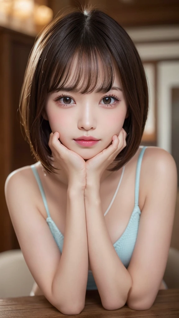 Cowboy Shot,Tabletop, Highest quality, Very detailed, In detail, High resolution, 8k wallpaper, Perfect dynamic composition, Beautiful attention to detail, pastel knit bikini,Bobcut,Natural color lip, ランダムでcuteポーズ, Kissing Face,Take a photo with your kissing face facing the viewer,Perfect and beautiful face,cute,Anatomically correct,cute,Idol Face,Perfect and beautiful face