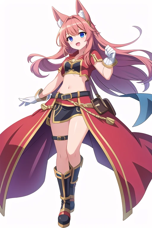 solo female, midriff, ((( white background))), character focus, fantasy clothes, standing, grove cuff, gloves, character design, full body,