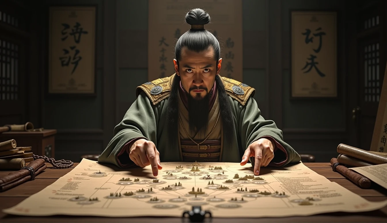 Warring States period，The military advisor sits in front of the battle formation map，The left hand holds a bamboo slip，Right finger point，Movie storyboard，8k，Ultra-clear，Realistic style