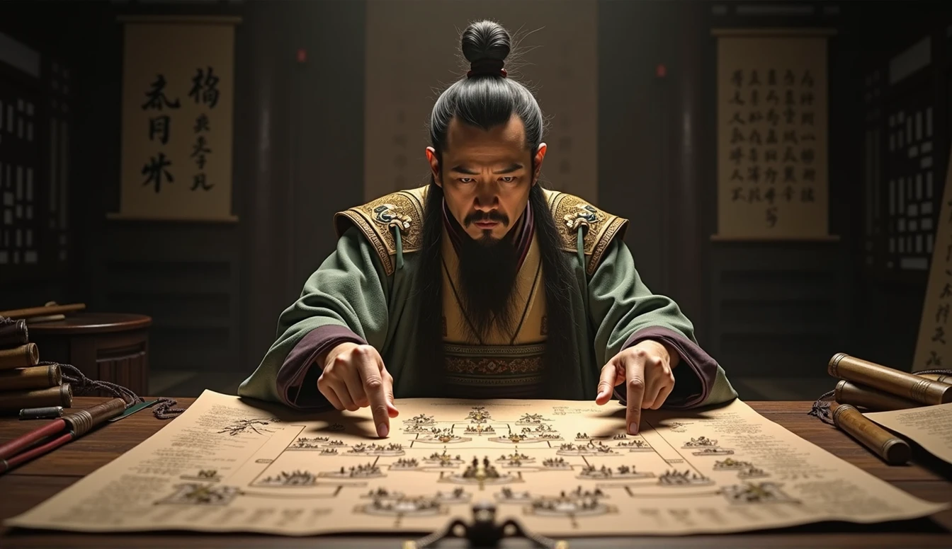 Warring States period,The military advisor sits in front of the battle formation map,The left hand holds a bamboo slip,Right finger point,Movie storyboard,8k,Ultra-clear,Realistic style