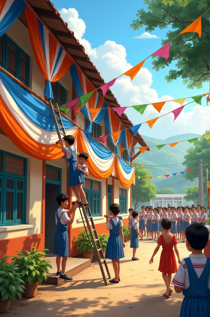 School Decoration:
Model a typical rural school building with students and teachers decorating it for Independence Day. Use vibrant tricolor streamers and flags, and position students on ladders hanging decorations. The environment should feel festive and energetic, with groups of children rehearsing songs and dances in the background.