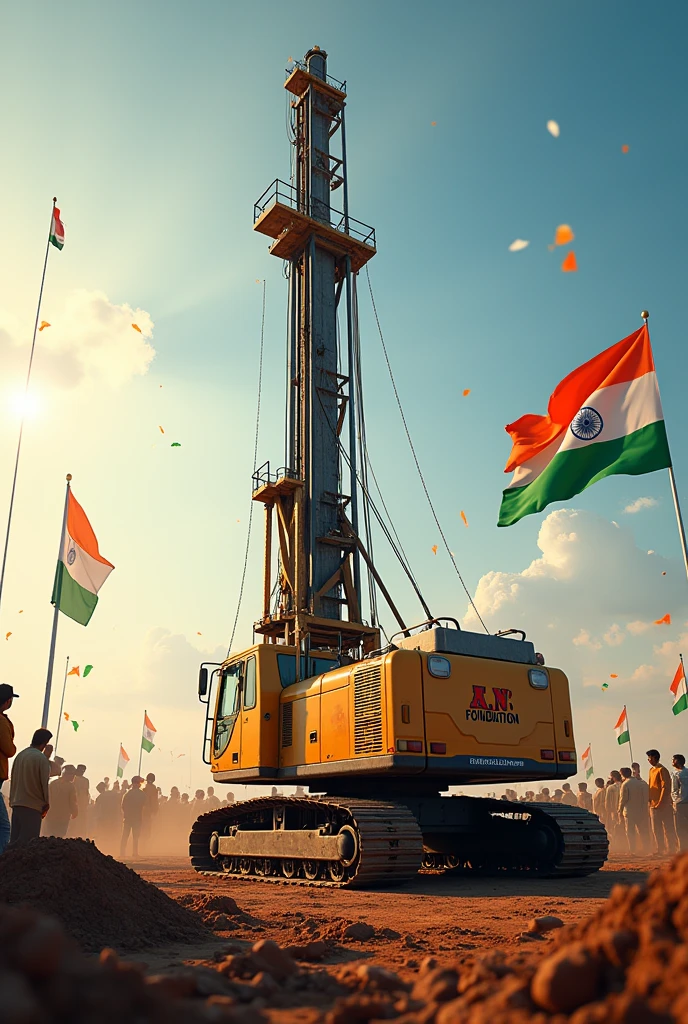 I want a piling machine With the name of my company (A.N.FOUNDATION)on it -  make background with the theme of independence day of india  with an Indian flag wishing with a good quote