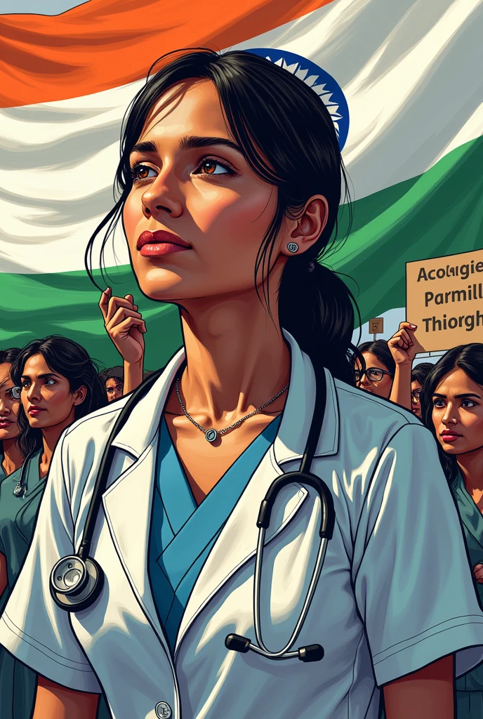 Genarate image for stop rape women doctor background india flag protest for rape anime image