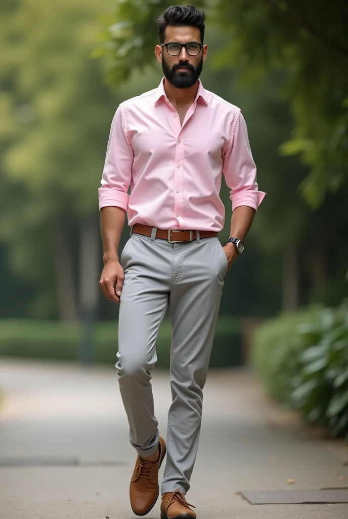 Smart athletic body, indian man with light color white fair skin smart small Beard with smart look wearing light baby pink standing collar shirt sleeves folder with light gray pants with light brown shoes. Watch in left hand. Realistic image with glasses. Full body image.
