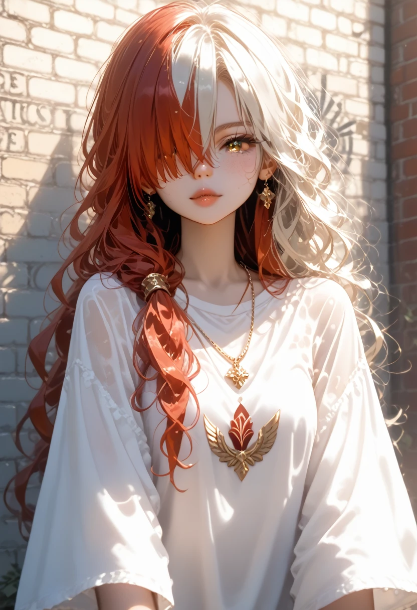 ультра реалистичное 8k cg, masterpiece, ((ultra detailed background, delicate pattern, complex part)), Best quality, complex parts, chromatic aberration, 1 girl, long hair, Golden hair, dirty hair, red highlights, hair over one eye, keen eyes, necklace, Brick wall, graffiti, dim lighting, lane, oversized shirt,from the shoulder, see through a white shirt, masterpiece, Best quality, Shine, score_9, score_8_up, score_7_up