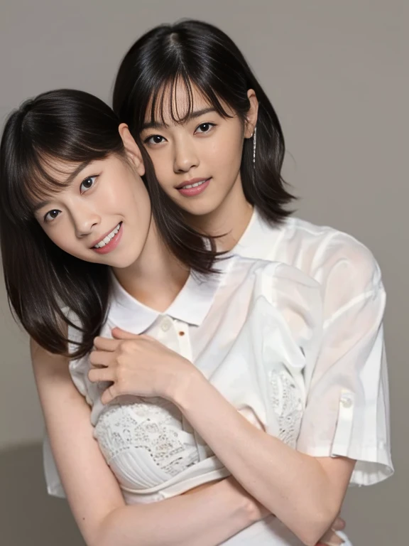 (Masterpiece, Best quality:1.3), (Ultra realistic, Photo-realistic:1.2), Natural light, 28 years old actress, Japanese beautiful 2 women, Neat and clean, (White tennis uniform, White short-sleeve polo shirt with darknavy line collar:1.1), (unbutton:1.2), (White pleated skirt:1.1), (white lace bra:1.2), white sock, (short wavy hair:1.2), ponytail, (Beautiful faces), Oval face, clear, Beautiful eyes, Kind eyes, Clear skin, Small face, Beautiful mouth, Small mouth, Natural makeup, Approachable, Seductive smile, (Seductive pose:1.2), Beautiful thighs, Bedroom eyes, Embarrassed, Blush, Luxury hotel Suite room, On bed, (nsfw:1.1), obscene girls, (lesbian couple, petting together:1.1), grabbing crotch, erotic hug,
