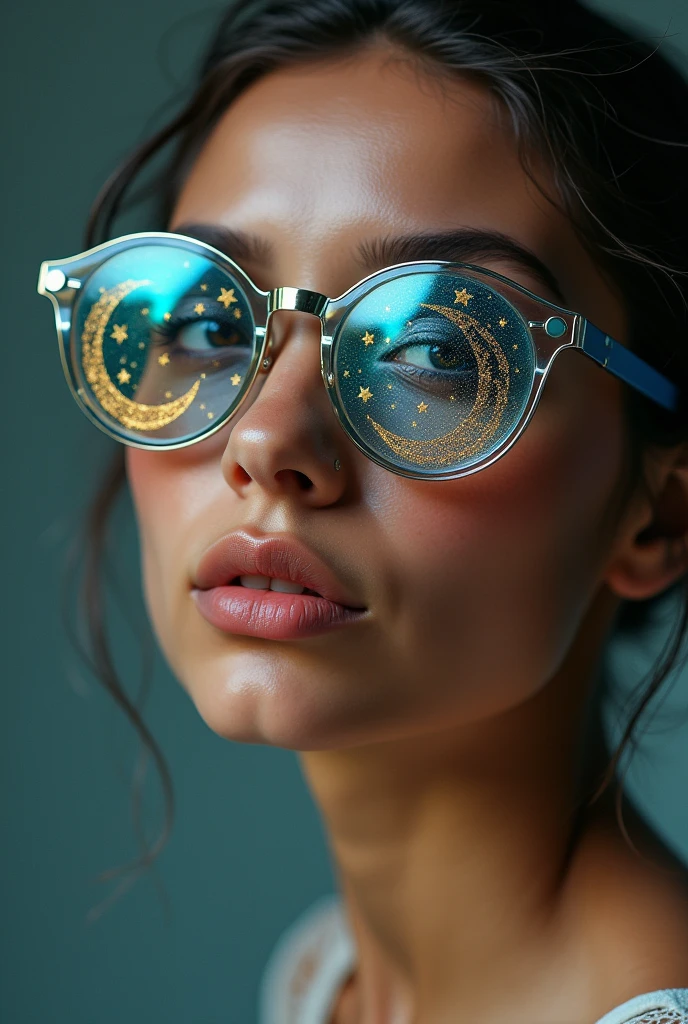 The model is wearing glass sunglasses with stars and the moon on the glass