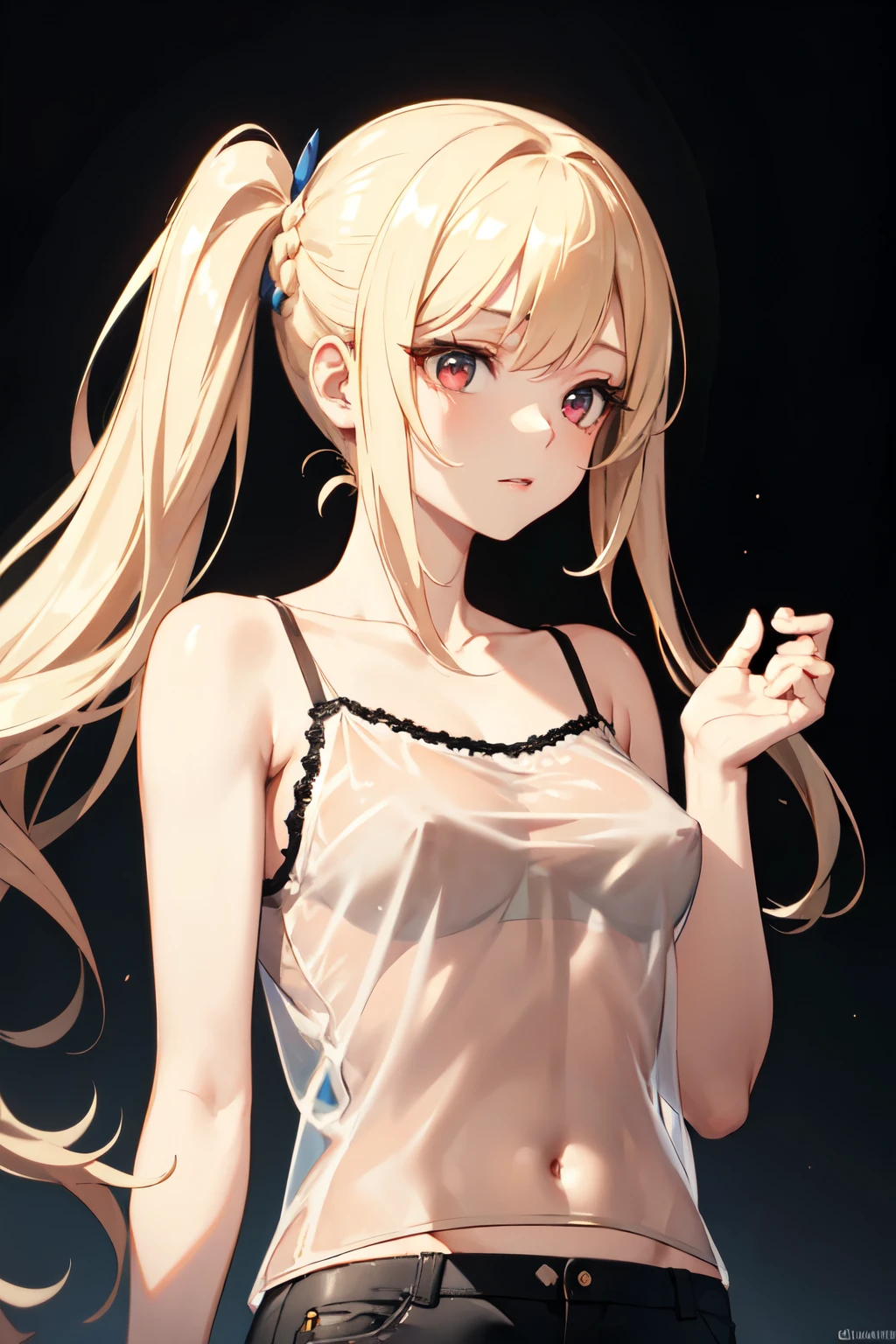Optimal,masterpiece,High resolution,Highest quality,Hyper HD,Very detailed,Award-winning,16K,alone,(Upper Body),Correct Anatomy,Beautiful Cyberpunk Girl,Cowboy Shot、Cute Face,,blonde、Long Hair、Twin tails、Braiding, Hairline,((Scarlet Eyes)),Long eyelashes,Drooping eye corners,White skin,Shoot from the side, ((See-through camisole:1.5)),
