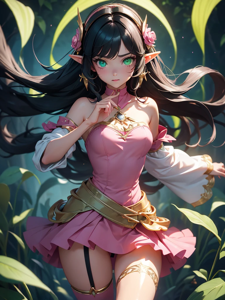 high resolution:1.7, incredibly absurdres, kawaii:1, cute:1.5, hires.fix, anime visual:1, incredibly fine illustration,8k,masterpiece:1.2,best quality,high quality, exquisite, beautiful, insanely detailed,intricate detailed,extremely detailed,Super Definition,ultra high res,Super Resolution,best aesthetic,ultra detailed:1.5, best quality, perfect face, detailed face,illustration:1.2,8k cg wallpaper,stunning art,absurdres,octane render,ultra hires,Japanese Actress,(Idol),18yo,Beautiful,(Cute and lovely),cute girl,((anime elf with extremely cute and beautiful black hair)),long hair,hime_cut,A beautiful witch with long black hair is fighting demons in the garden of an abandoned castle. She flutters her pink mini-skirt and shoots electric blasts from the tip of her right-hand magic wand. She is adorably cute and has outstanding style. (((green_eyes:1.3))),intricate eyes,beautiful detailed eyes,symmetrical eyes,big eyes:1.5,enchanting bright eyes studded with gold and silver dust,(((pinky and glowing_skin,shiny body,plastic glitter skin,exaggerated shiny skin,illuminated skin))),upward breasts,waist slender,(detailed body,(detailed face)),cute,daring,zettai ryouiki,show skin,best relationship with four fingers and one thumb,Very Fine Face and Eyes,Very Fine Hair,(Perfect Anatomy),Garter Belt,Bare shoulders,Check out our thru-rack chokers and midi rings with chains,Colorful hearts of light dance around her.