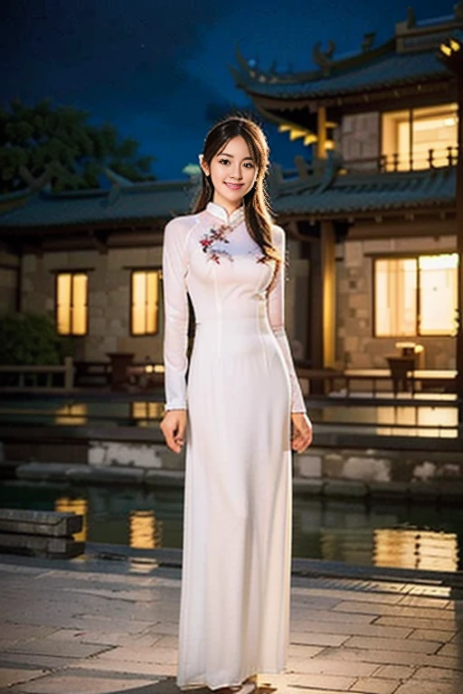 (a gorgeous Vietnamese lady, Youthful & feminine, Vietnamese traditional dress Ao Dai, posing at a peaceful village, Chinese garden under night sky,

Easygoing expression, very beautiful face, very detailed face, very detailed eyes, beautiful detailed eyes,  dimples, kind smile, cute snaggle-tooth, short ponytail, short bob cut, bangs, ample round bosom, huge breasts,

Vivid colours, photorealistic, hyper-realism, high contrast, ultra HD, realistic skin textures, top image quality, top-quality, super high resolution, fine details, very meticulously, masterpiece, high_angle shot, full body shot, the Cowboy shot, romantic atmosphere, bokeh night background)