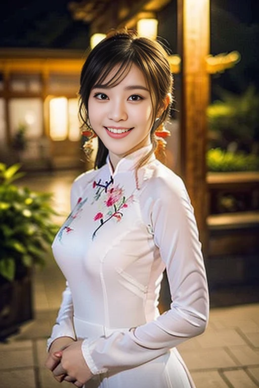 (a gorgeous Vietnamese lady, Youthful & feminine, Vietnamese traditional dress Ao Dai, posing at a peaceful village, Chinese garden under night sky,
Easygoing expression, very beautiful face, very detailed face, very detailed eyes, beautiful detailed eyes, dimples, kind smile, cute snaggle-tooth, short ponytail, short bob cut, bangs, ample round bosom, huge breasts,
Vivid colours, photorealistic, hyper-realism, high contrast, ultra HD, realistic skin textures, top image quality, top-quality, super high resolution, fine details, very meticulously, masterpiece, high_angle shot, full body shot, the Cowboy shot, romantic atmosphere, bokeh night background)