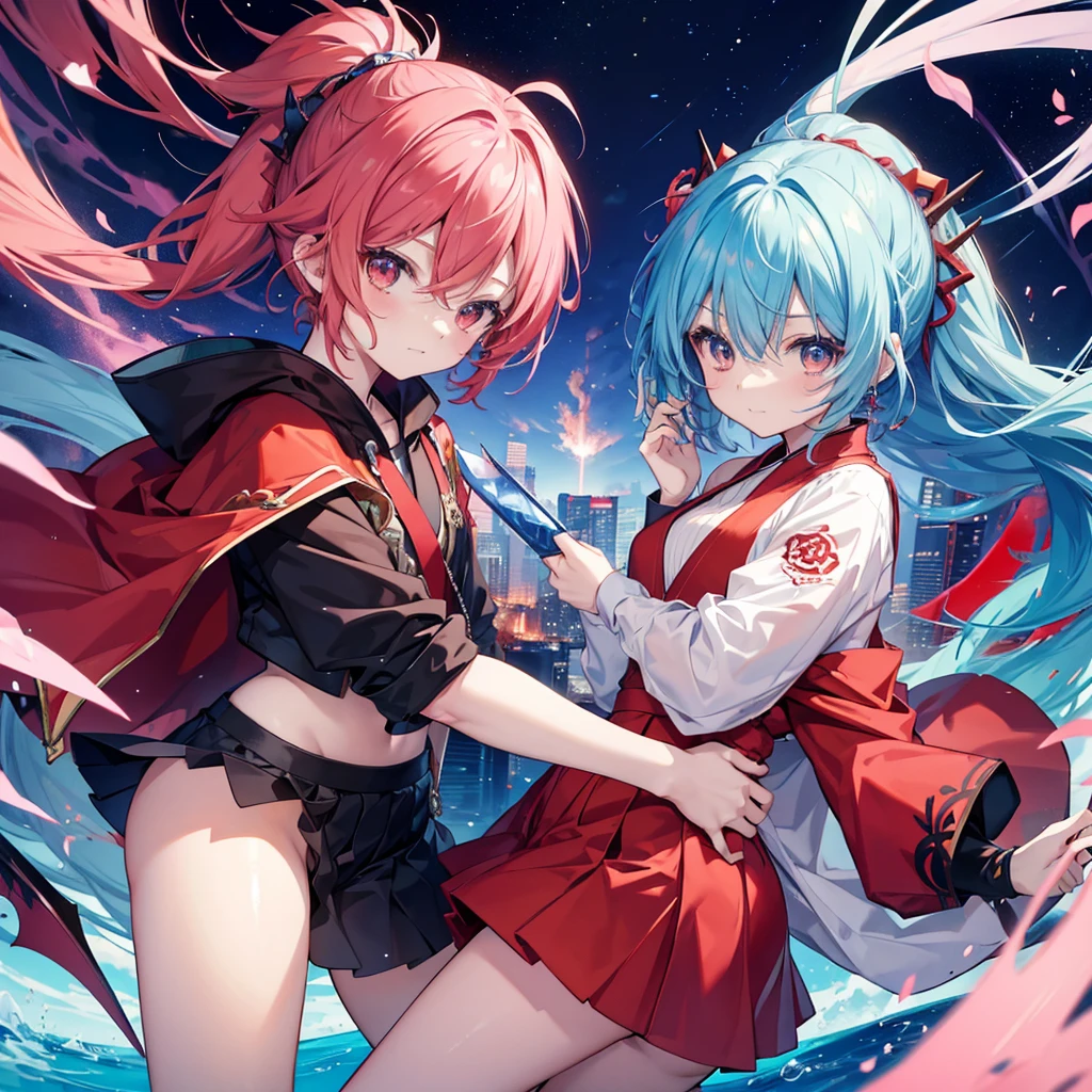 Please create an anime-style chibi character。Requirements are as follows。One is characterized by red and the other by blue。They are both wearing dragon food。They are carrying swords。They are in a relationship where they can rely on each other's backs。