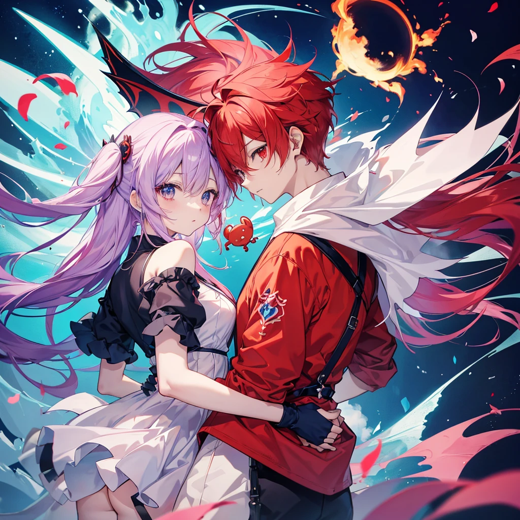 Please create an anime-style chibi character。Requirements are as follows。One is characterized by red and the other by blue。They are both wearing dragon food。They are carrying swords。They are in a relationship where they can rely on each other's backs。