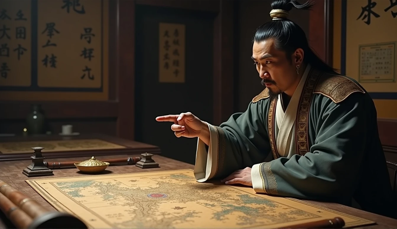 Warring States period,The military advisor sits in front of the battle formation map,The left hand holds a bamboo slip,Right finger point,Movie storyboard,8k,Ultra-clear,Realistic style