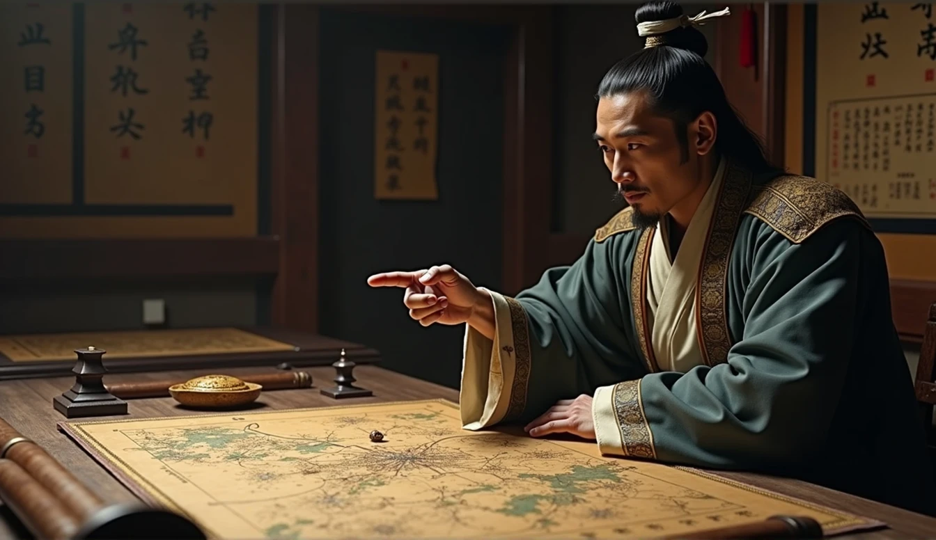 Warring States period,The military advisor sits in front of the battle formation map,The left hand holds a bamboo slip,Right finger point,Movie storyboard,8k,Ultra-clear,Realistic style