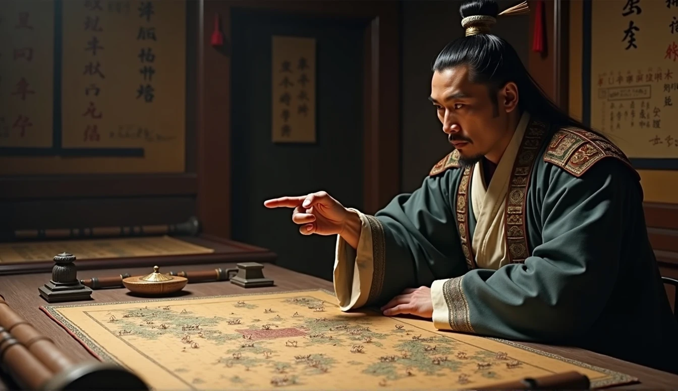 Warring States period,The military advisor sits in front of the battle formation map,The left hand holds a bamboo slip,Right finger point,Movie storyboard,8k,Ultra-clear,Realistic style