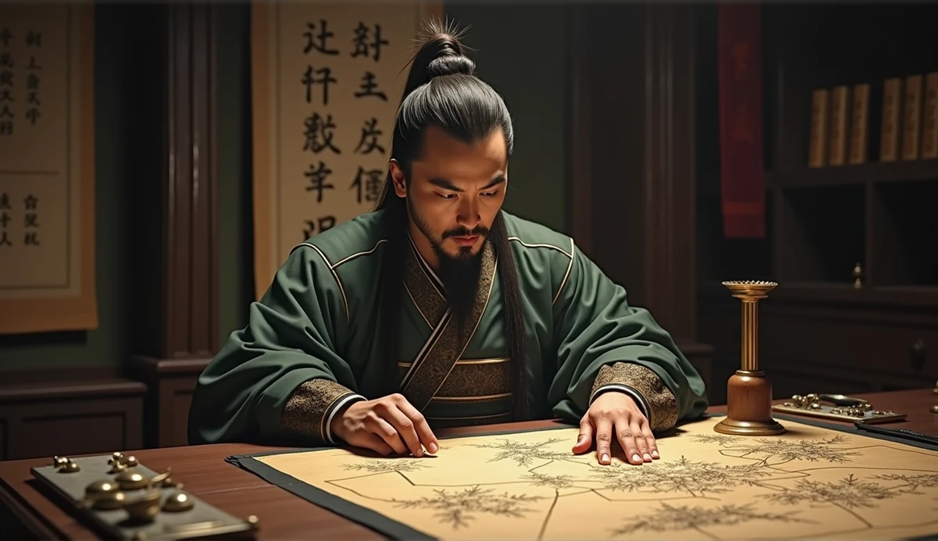 Warring States period,The military advisor sits in front of the battle formation map,The left hand holds a bamboo slip,Right finger point,Movie storyboard,8k,Ultra-clear,Realistic style