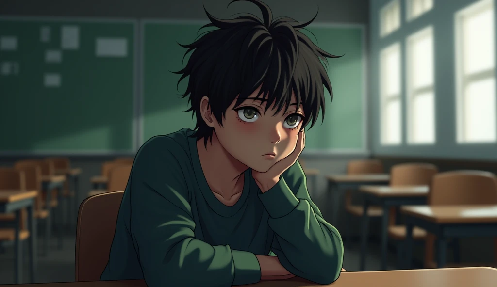 A poor 17 year old boy is sitting in the class room, looking forward, his hair is scattered, he is very sad, the background is blurred