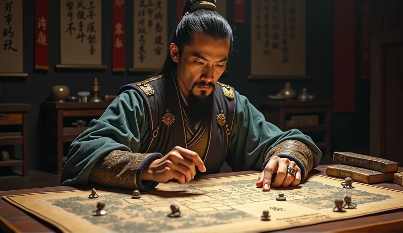 Warring States period，The military advisor sits in front of the battle formation map，The left hand holds a bamboo slip，Right finger point，Movie storyboard，8k，Ultra-clear，Realistic style