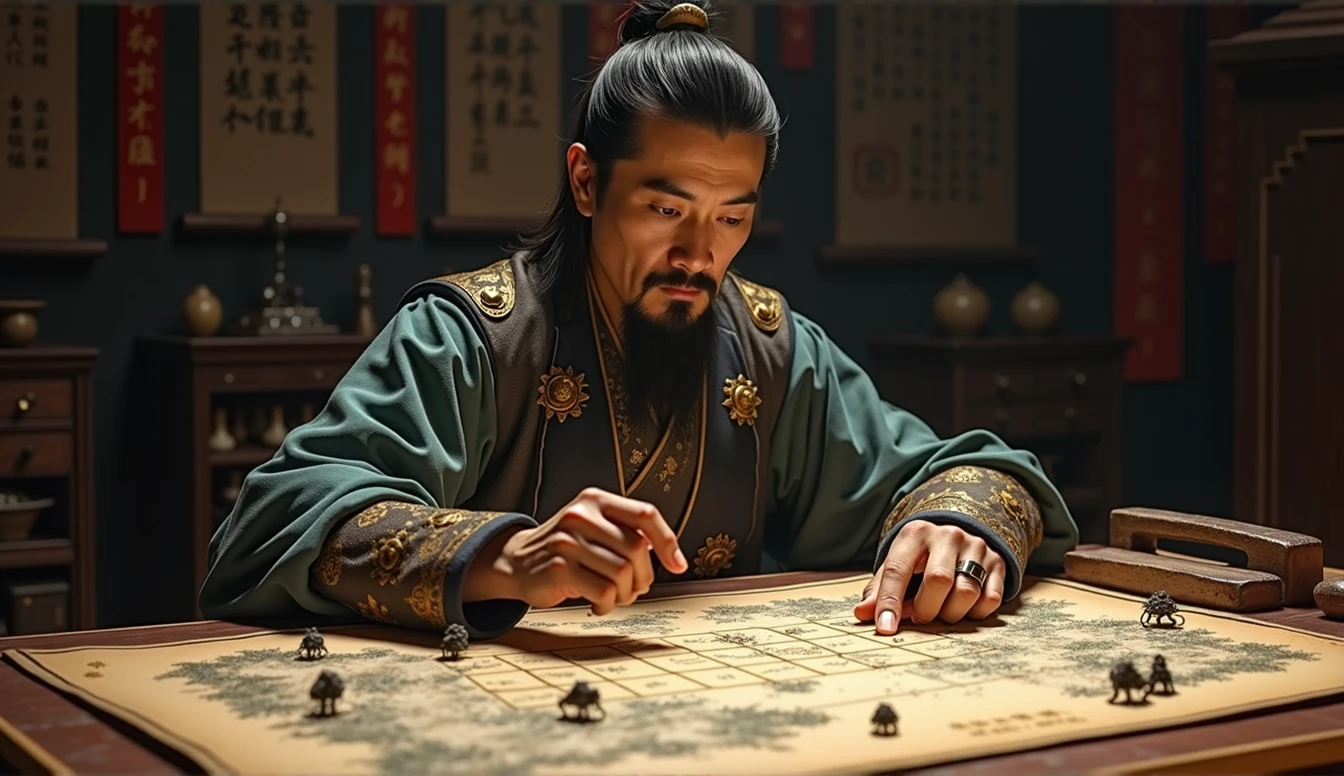 Warring States period，The military advisor sits in front of the battle formation map，The left hand holds a bamboo slip，Right finger point，Movie storyboard，8k，Ultra-clear，Realistic style