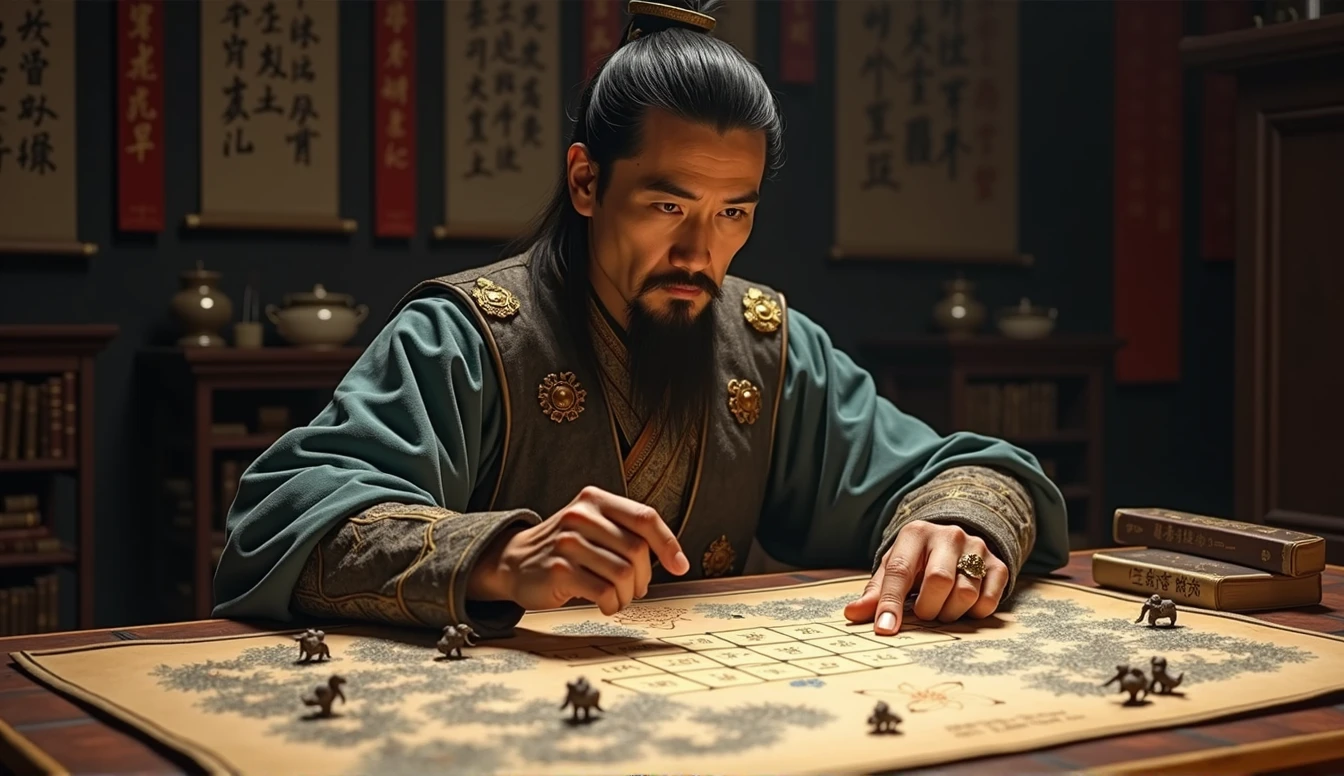 Warring States period，The military advisor sits in front of the battle formation map，The left hand holds a bamboo slip，Right finger point，Movie storyboard，8k，Ultra-clear，Realistic style